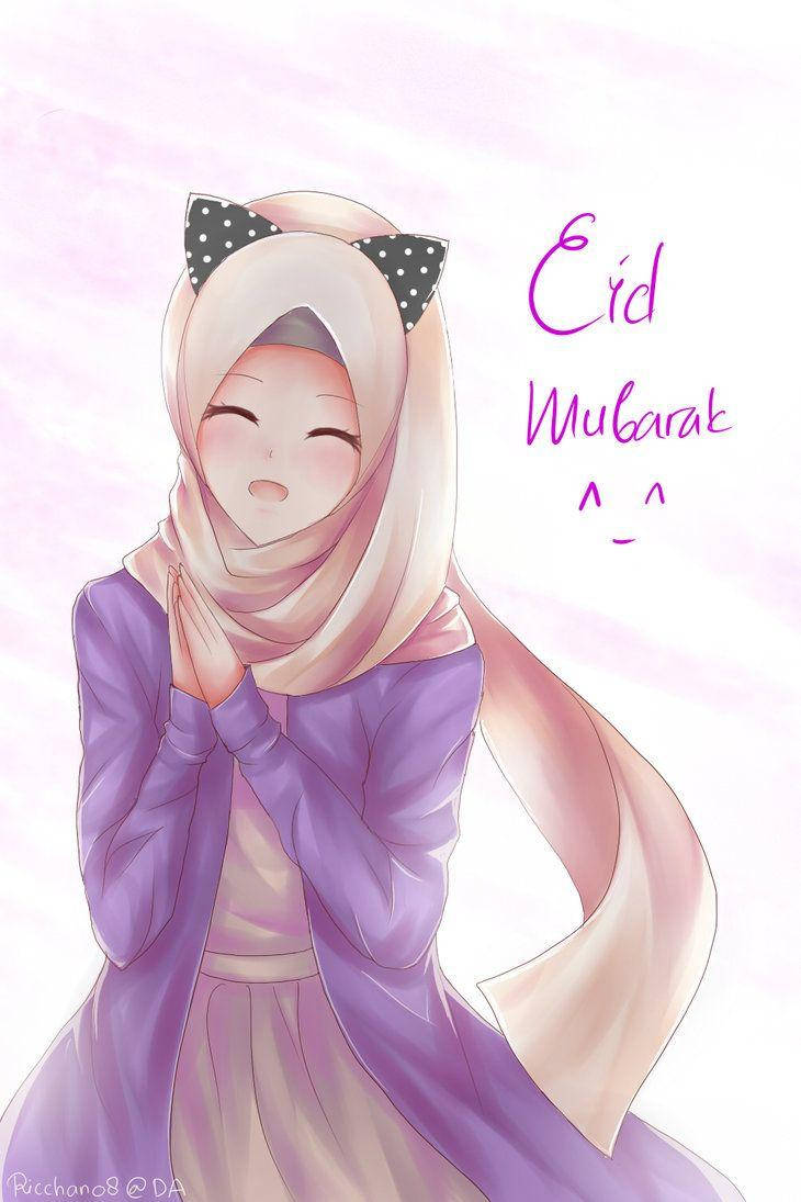 Anime Hijab Eid Mubarak Greeting Wallpaper
