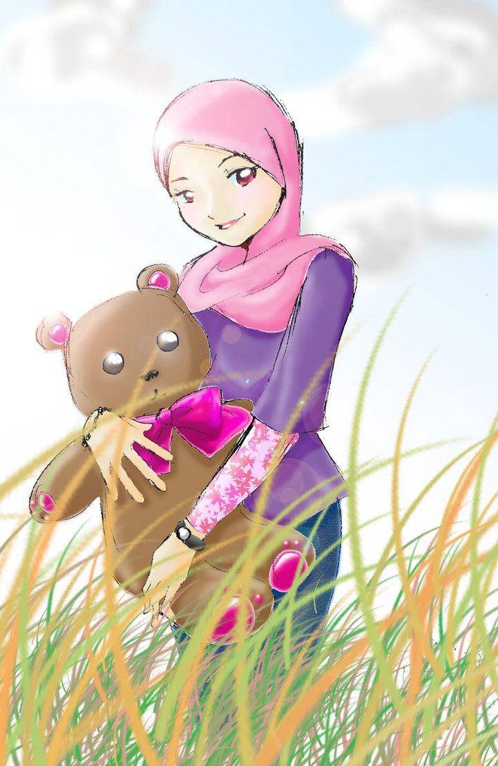 Anime Hijab Girl With Plushie Wallpaper