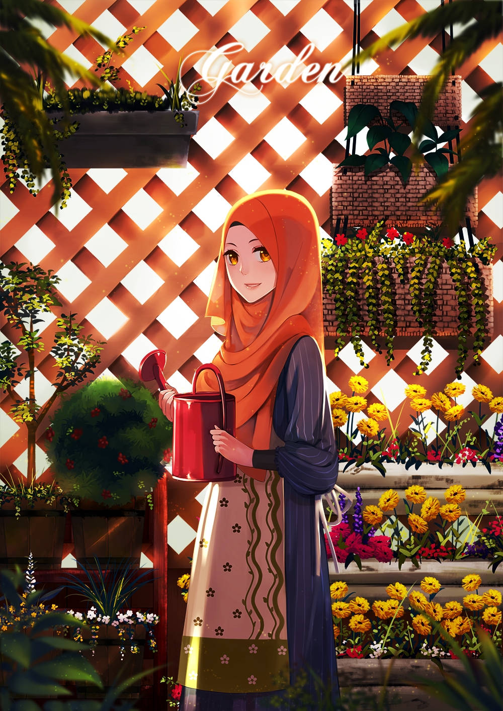 Anime Hijab In A Greenhouse Wallpaper