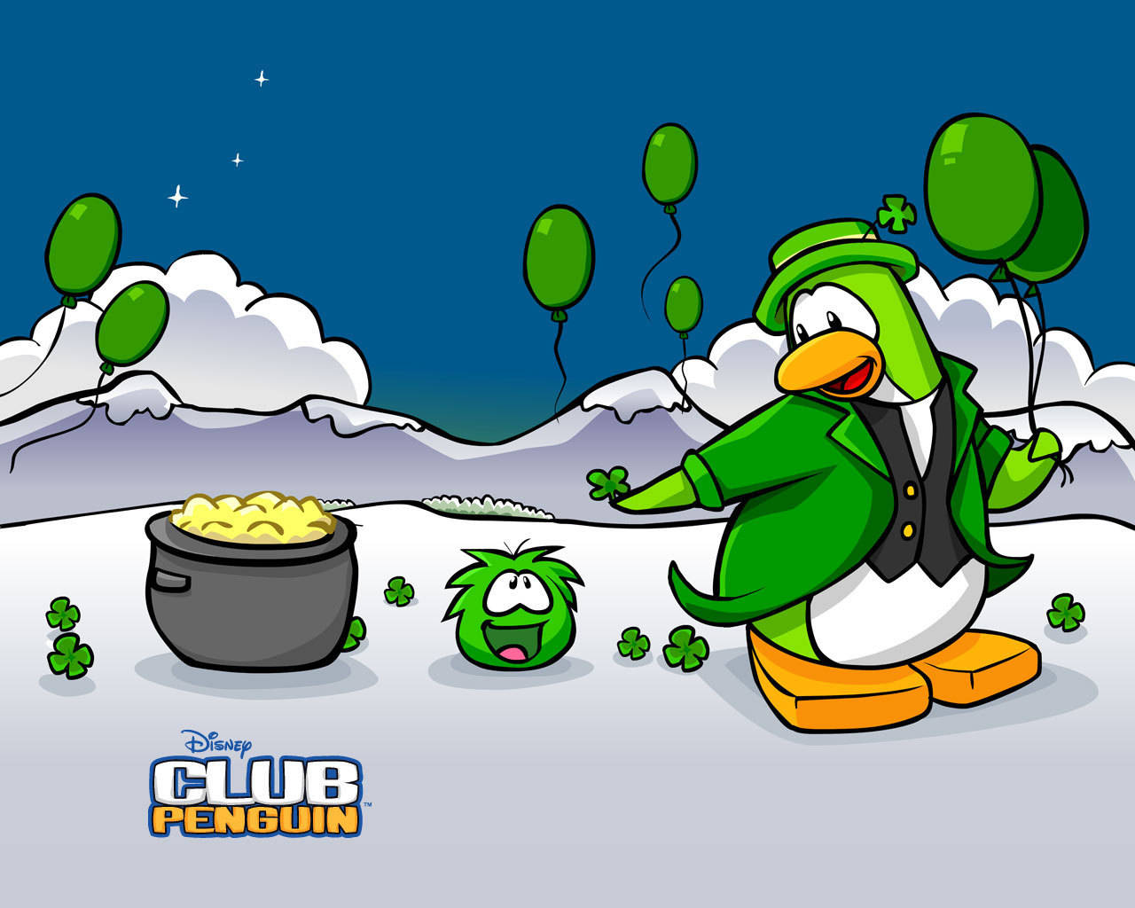 Club Penguin Poster With Green Balloons Wallpaper