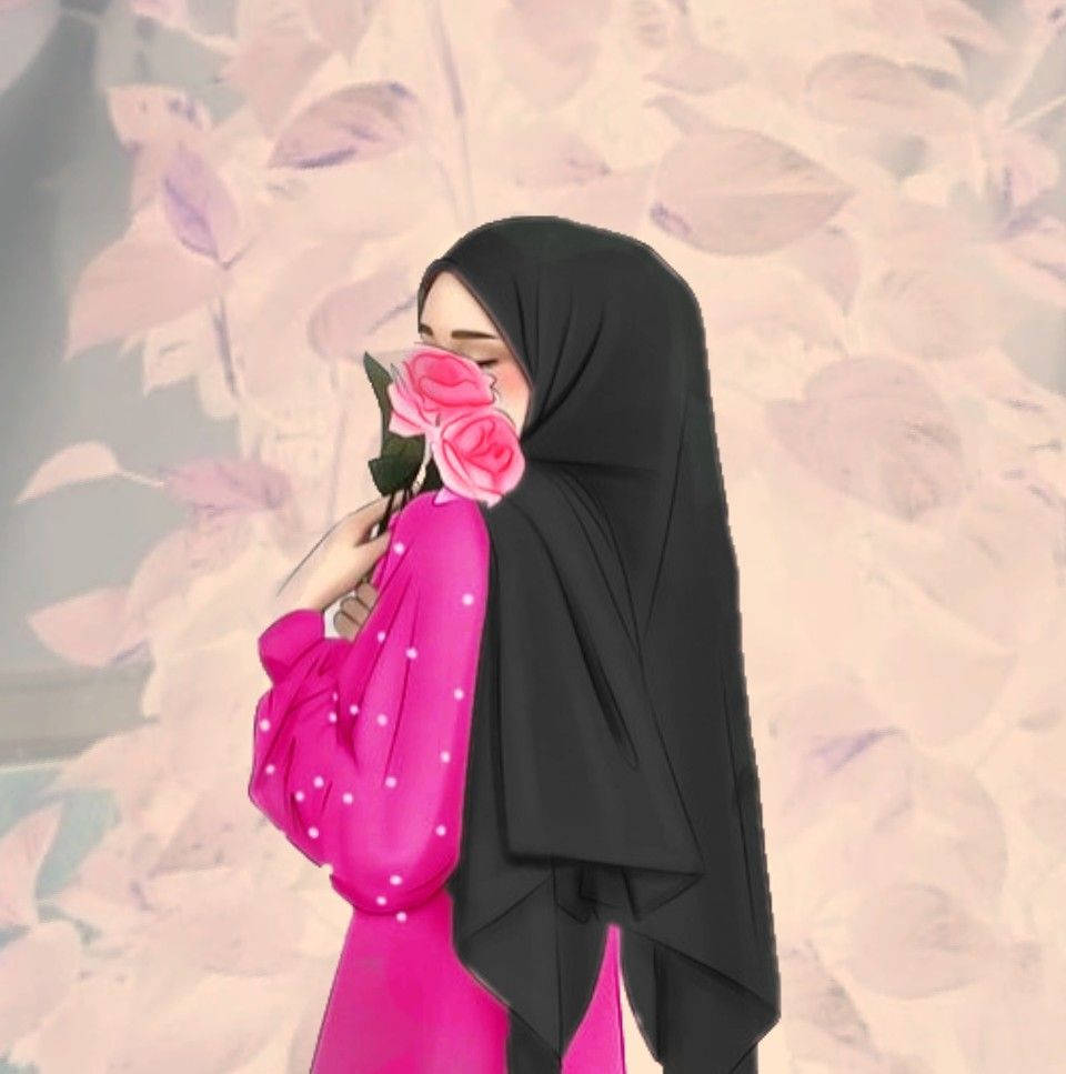 Hijab Cartoon Pink Rose Wallpaper