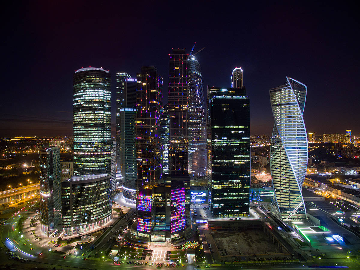 Moscow Skyscrapers Neon Lights Wallpaper