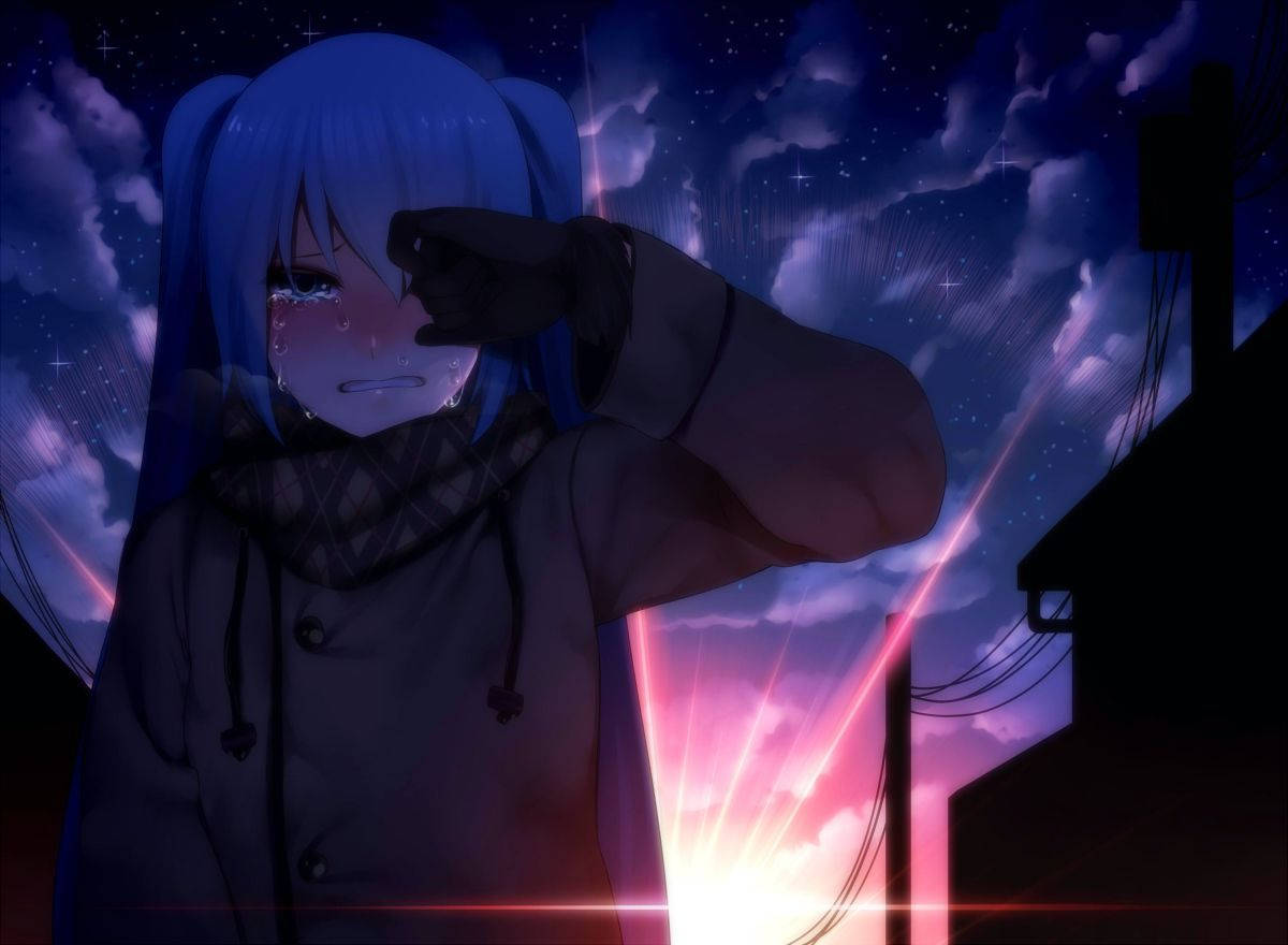 Sad Anime Girl During Sundown Aesthetic Wallpaper