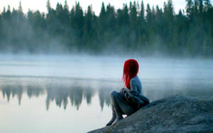 Alone Woman Beside Lake Wallpaper