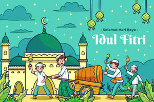 Idul Fitri Green Sky Illustration Wallpaper