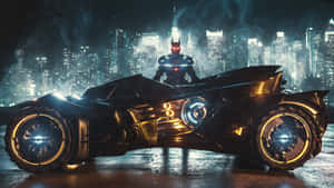 Impressive Display Of The Batman Car With Powerful Yellow Lights Wallpaper