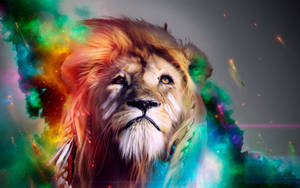 Lion Galaxy Rainbow Smoke Design Wallpaper