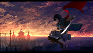 Mikasa Ackerman Sunset Scene Wallpaper