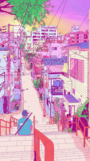 Retro Anime Stairs Boy Wallpaper