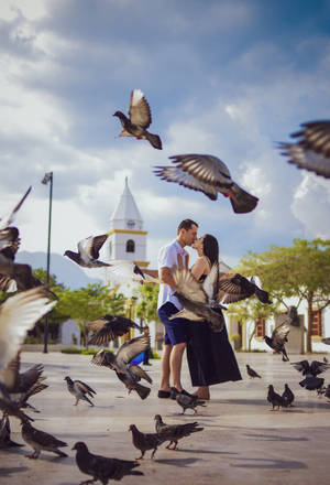 Romantic Couple Kiss With Flock Of Birds Wallpaper