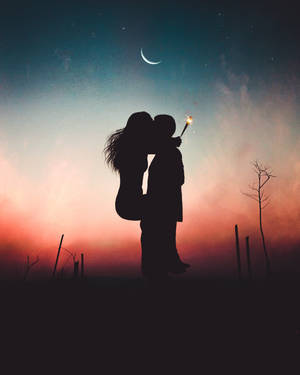 Romantic Couple Lift And Kiss Silhouette Wallpaper