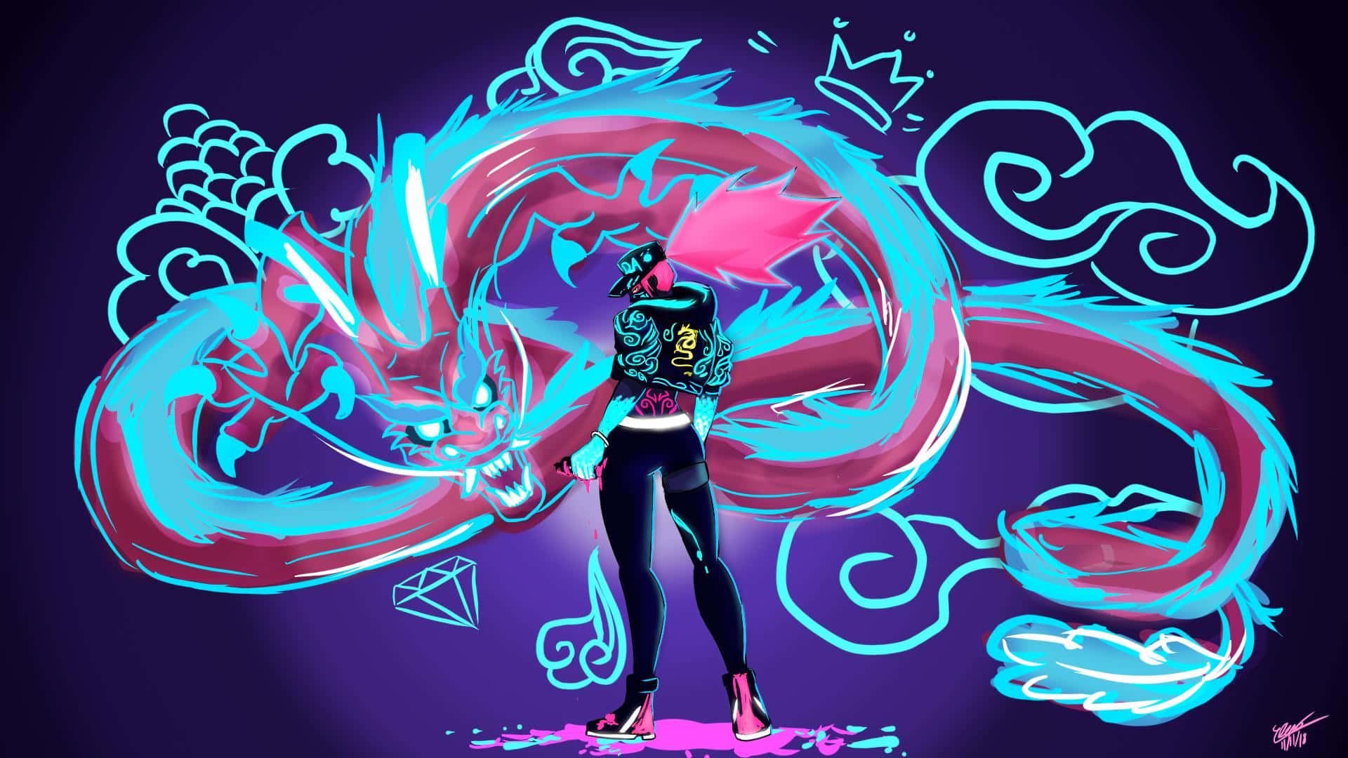 A Girl With A Dragon In The Background