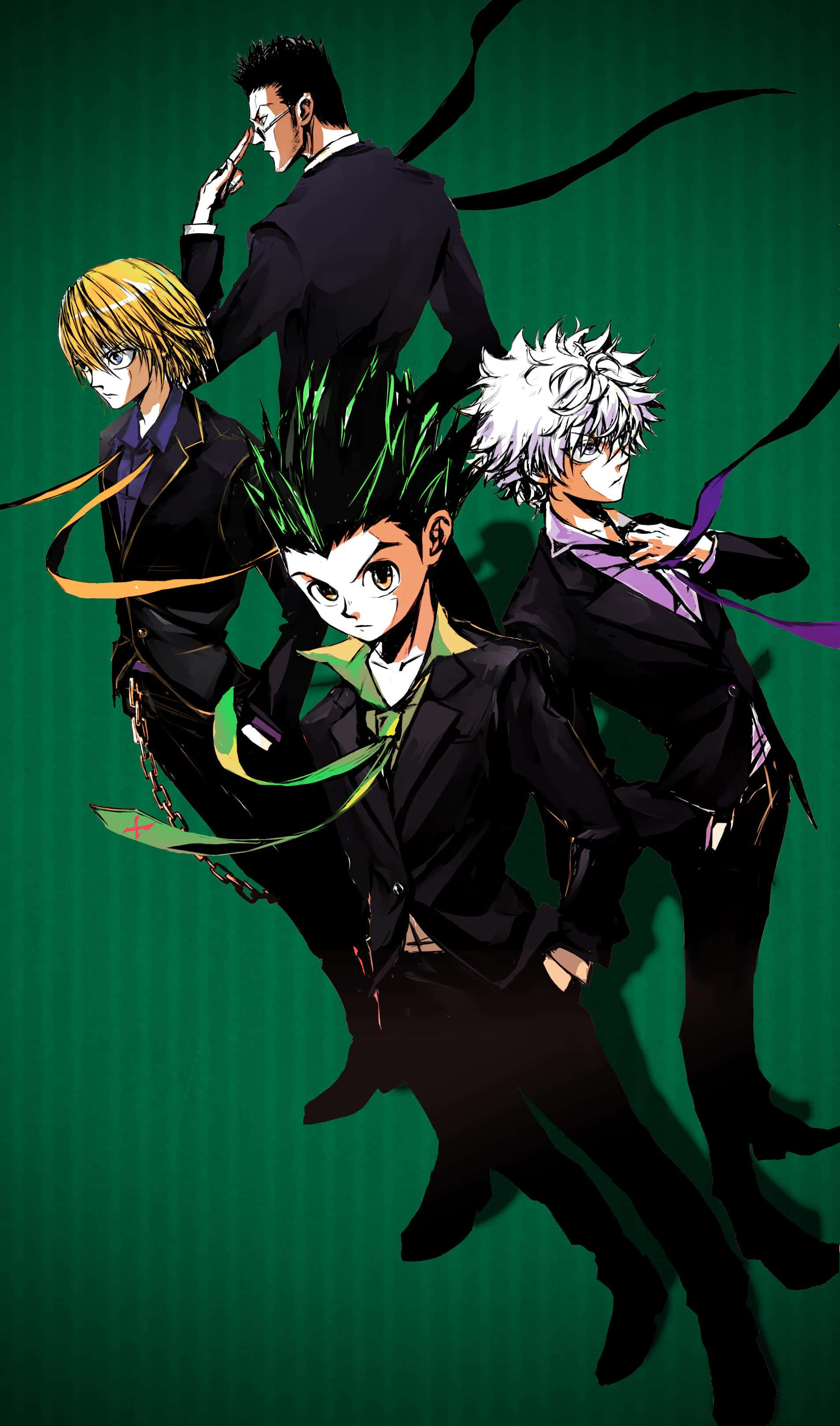 A Group Of Anime Characters Standing In Front Of A Green Background