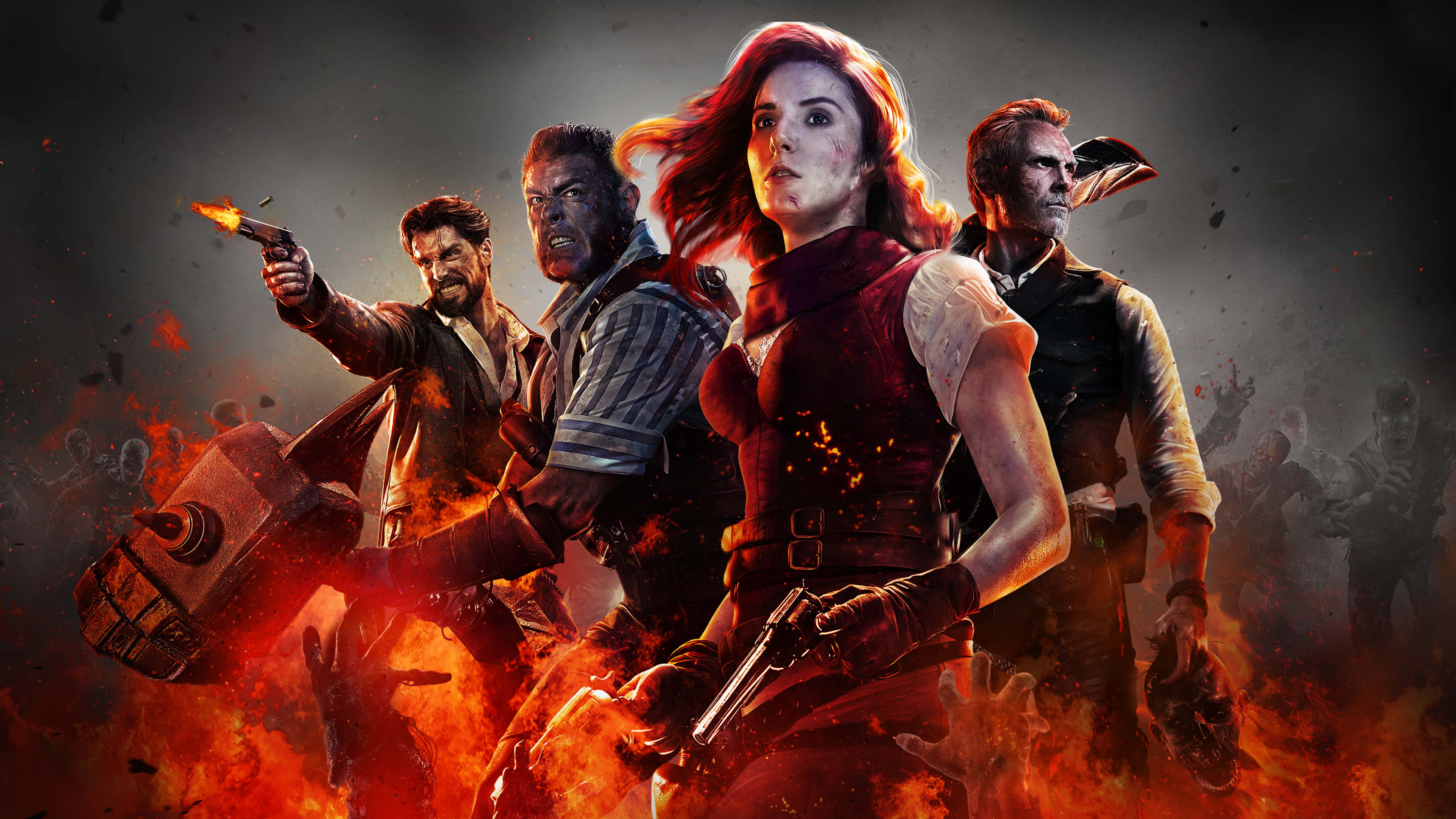 A Group Of People With Guns In Front Of Fire