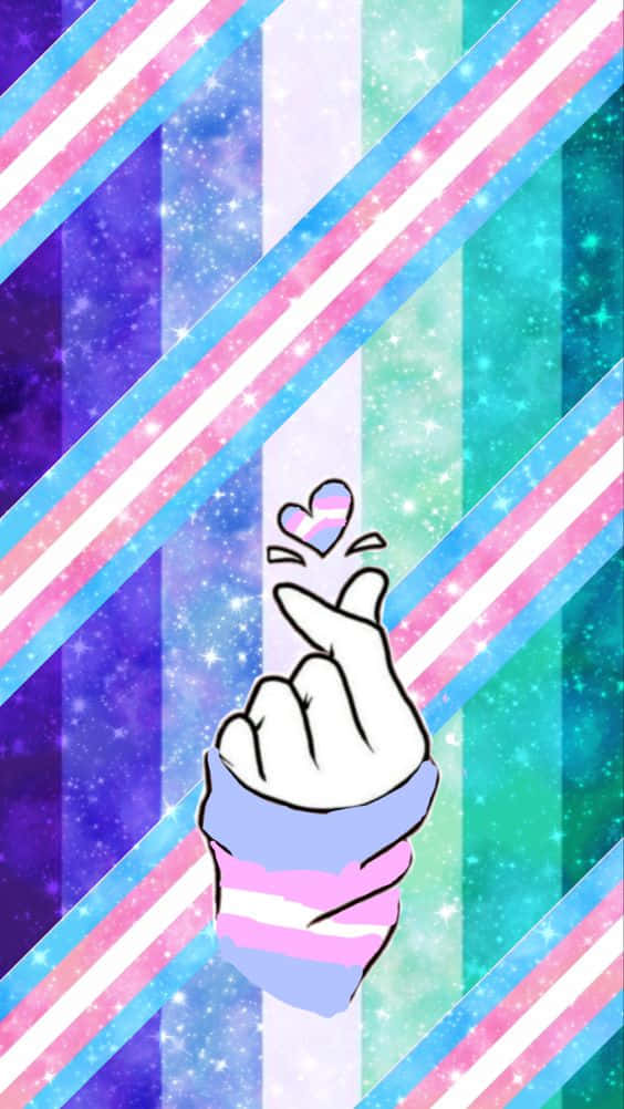 A Pink And Blue Striped Wallpaper With A Hand Holding A Heart