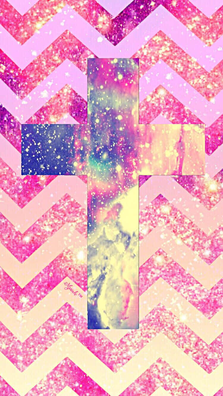A Pink Cross Symbol In A Starry Night Sky.