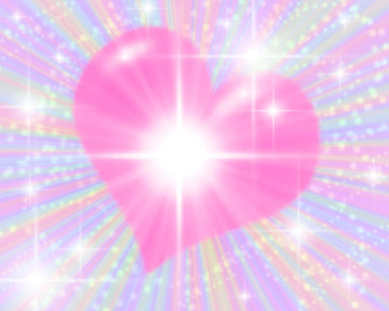 A Pink Heart With Stars And Rays On A Purple Background