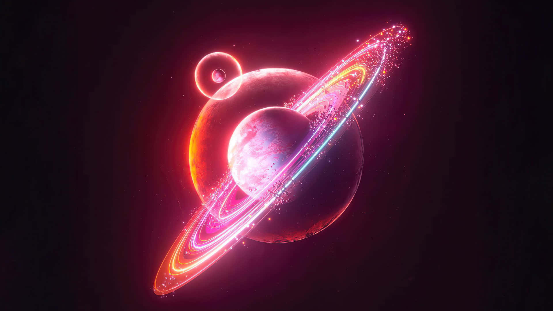A Saturn In Space With A Red And Pink Background