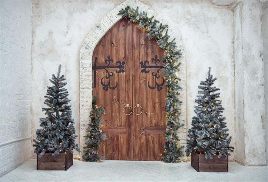 A Wooden Door With Two Christmas Trees In Front Of It
