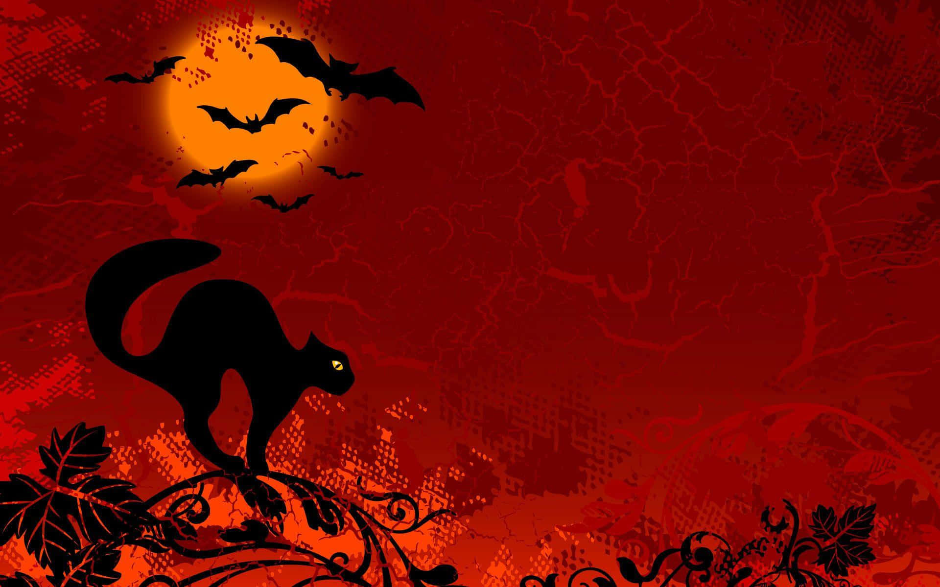 Black Cat With Pumpkins On Halloween