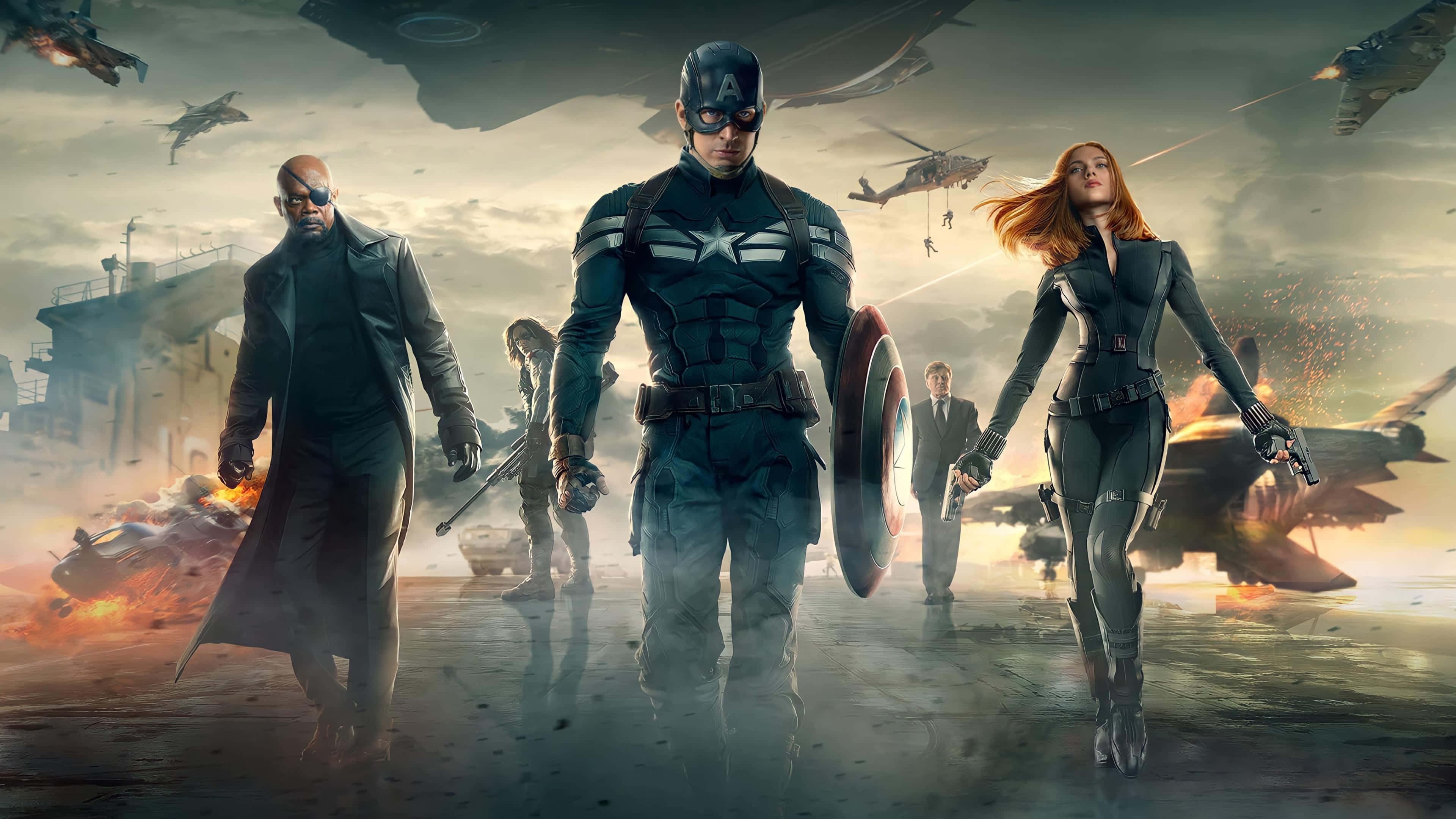 Captain Americaand Team Walking Towards Battle