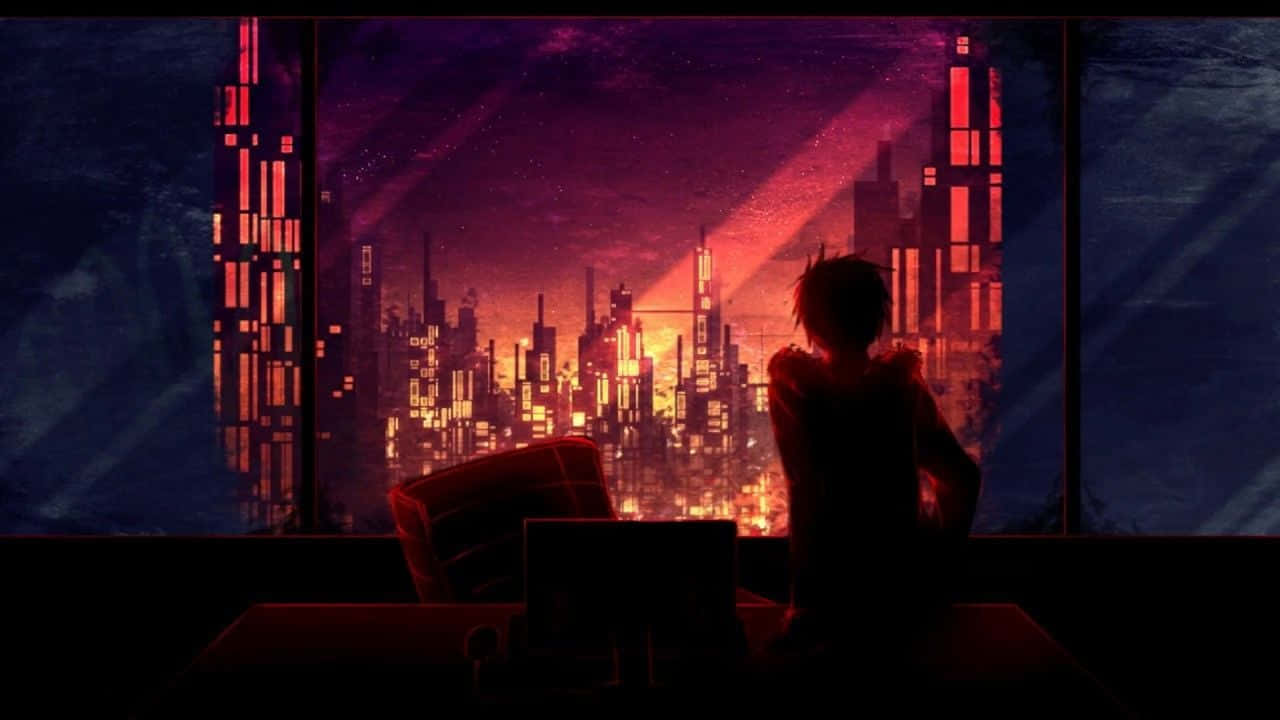 Lo Fi Anime Chill Man Looking At Dark City