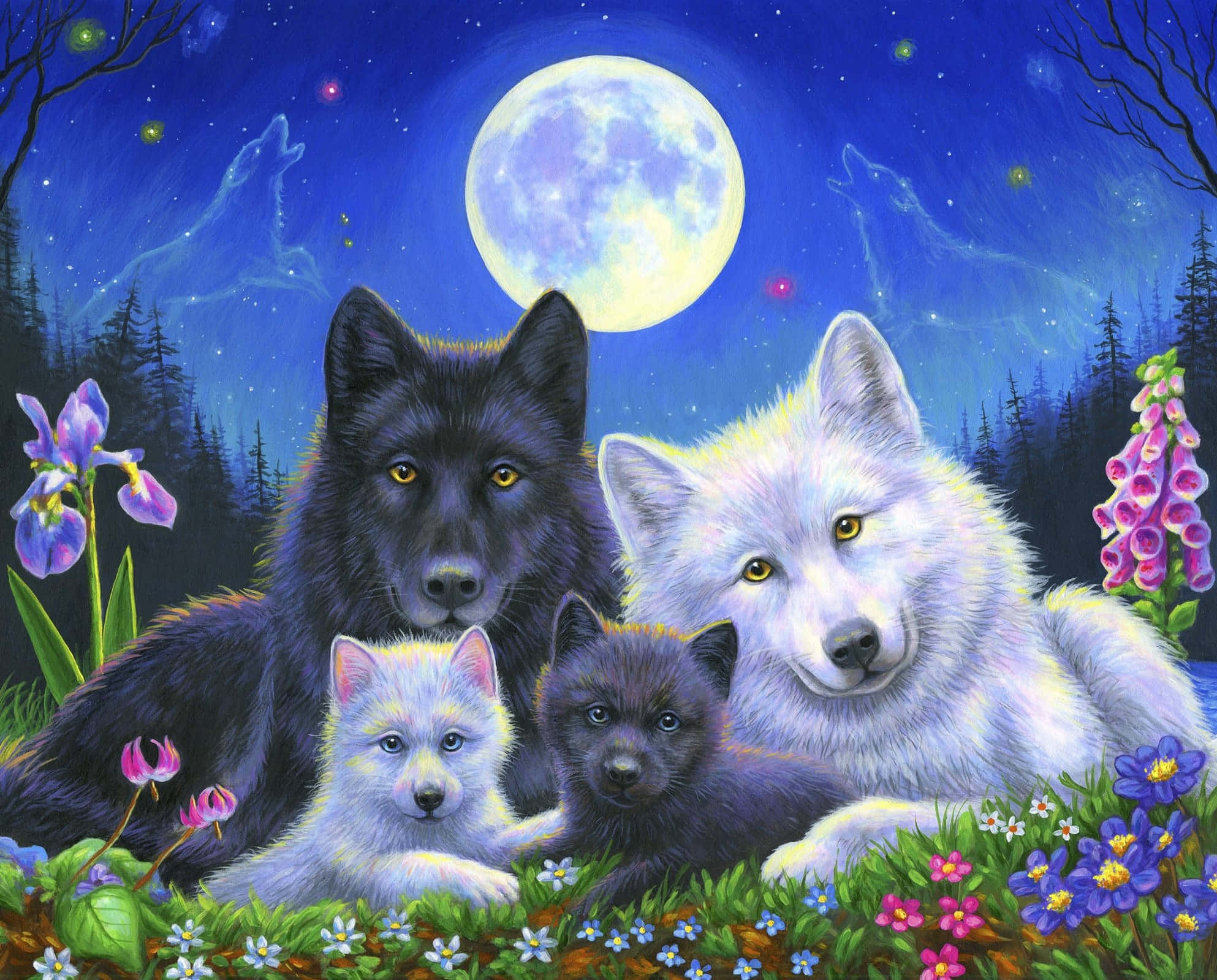 Mystical Wolf Family Moonlight