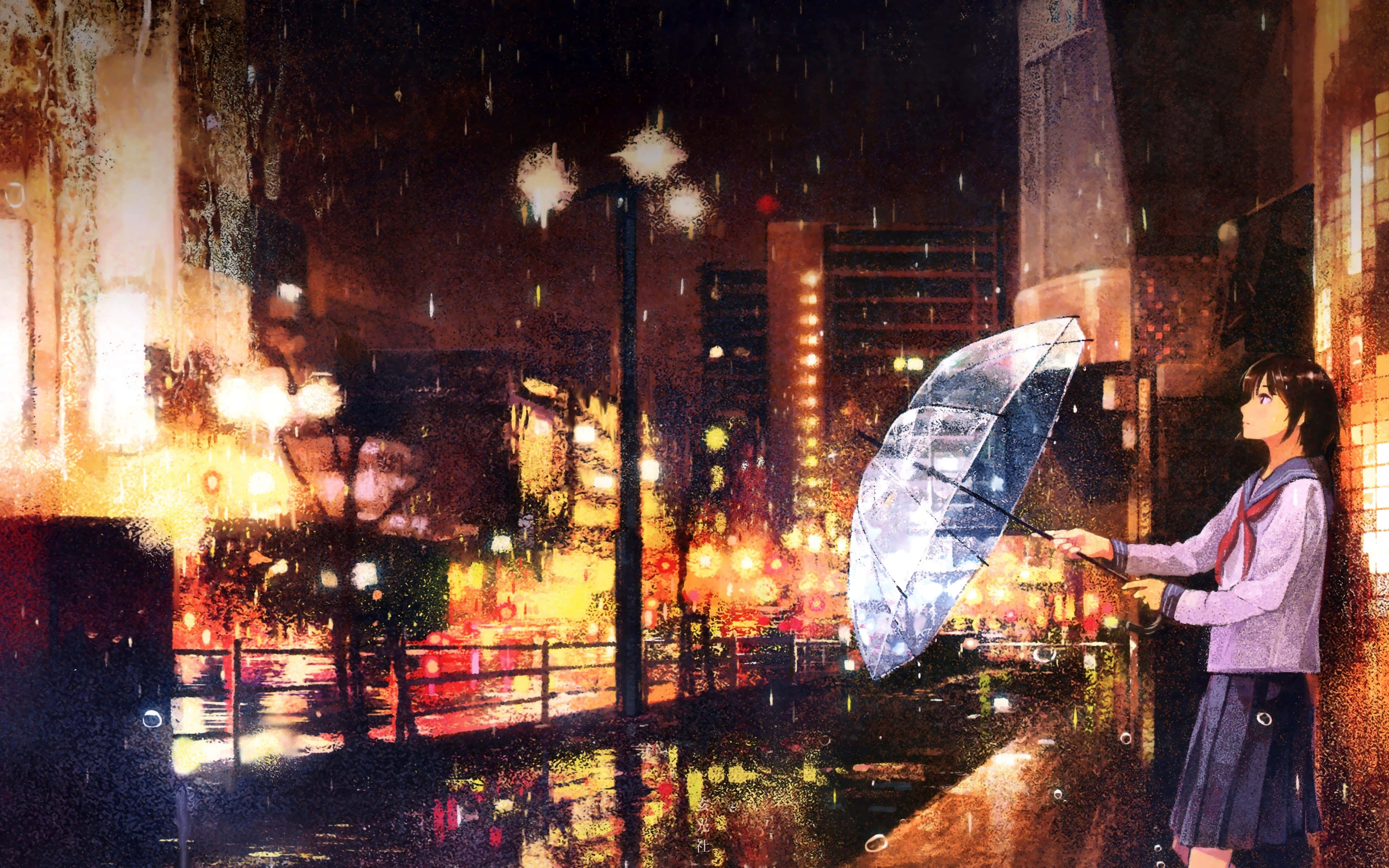 Rainy Cityscape With Anime Character