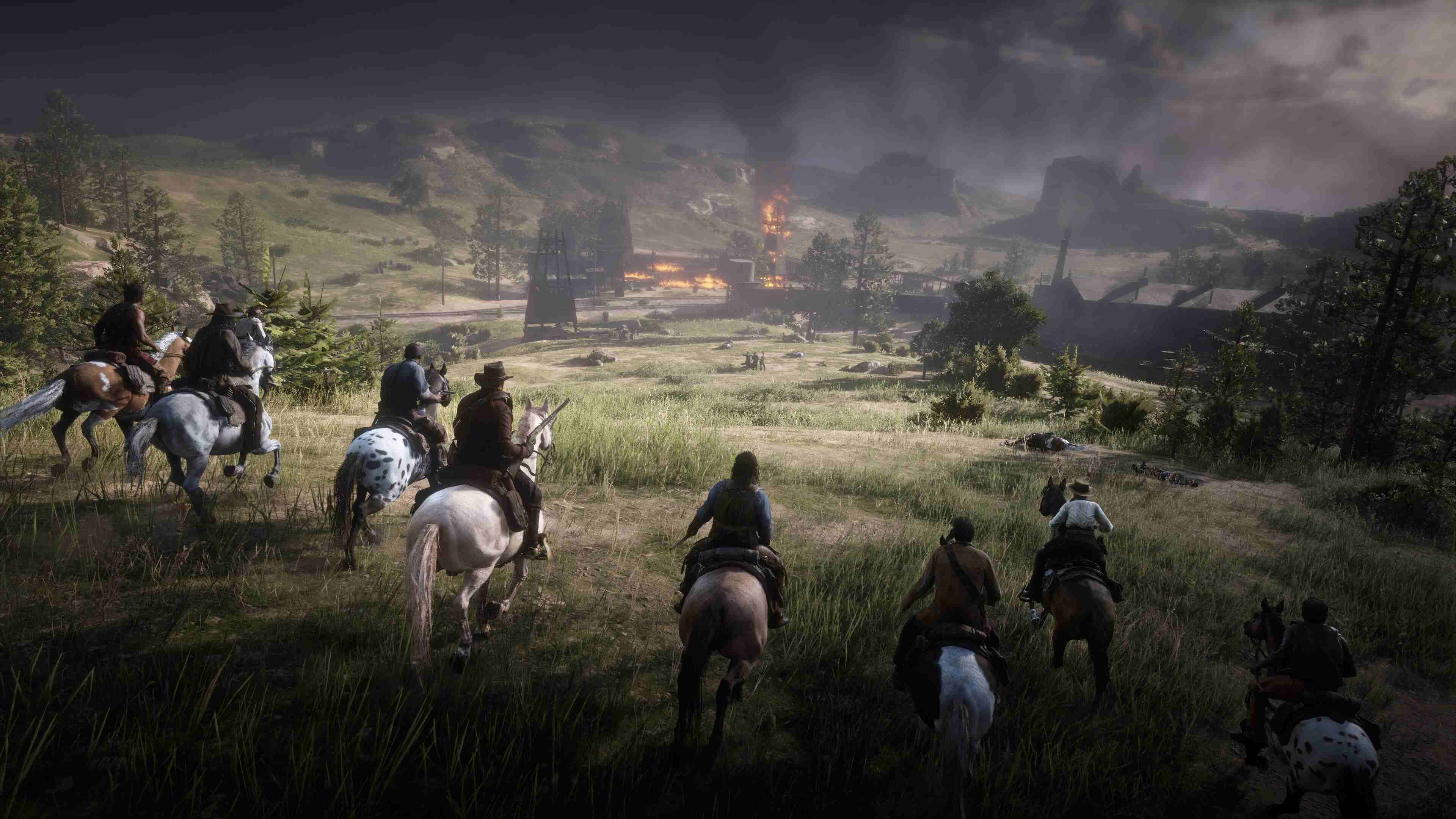 Red Dead Redemption2 Gang Riding Towards Fire