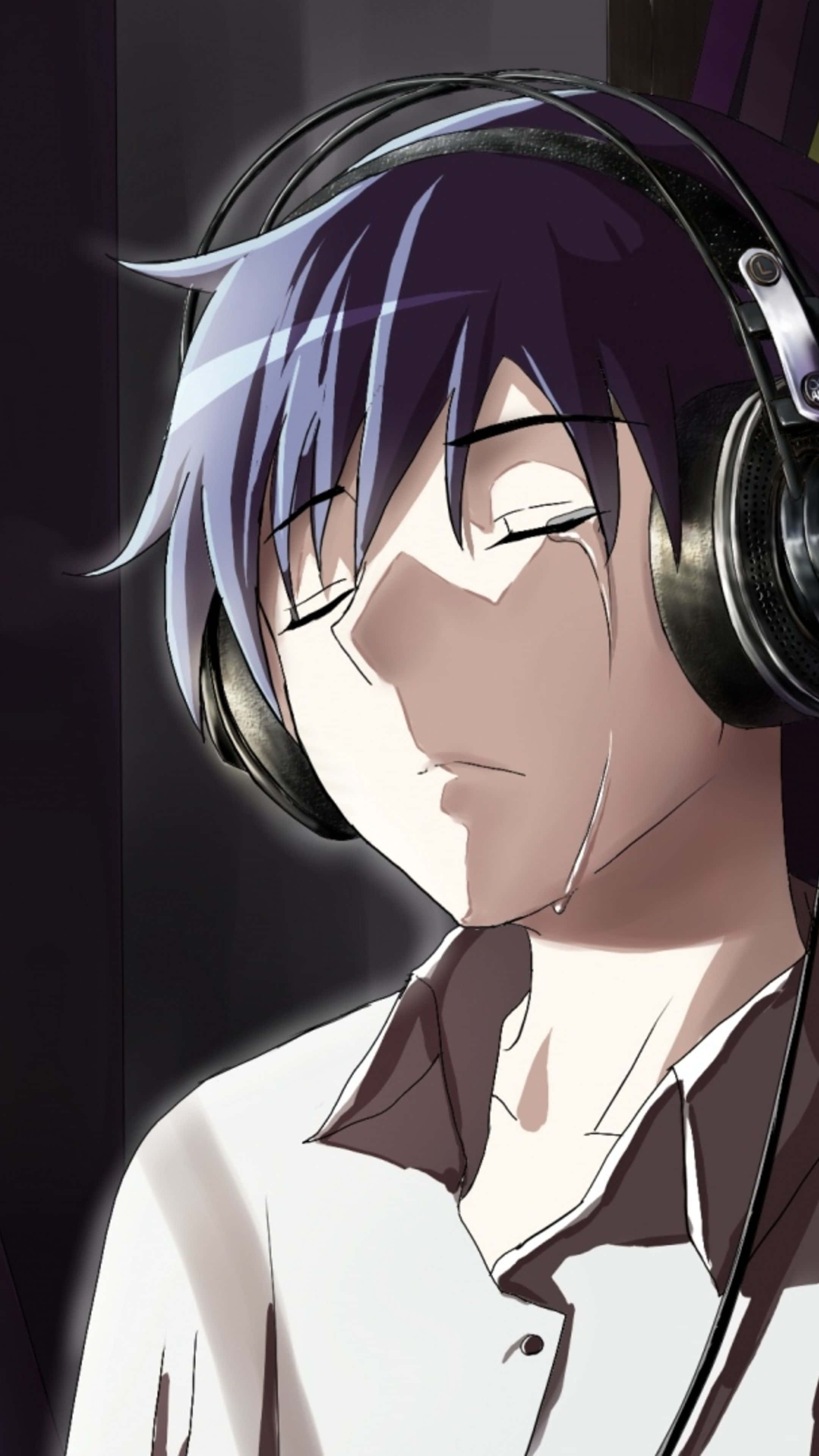 Sad Crying Anime Guy Listening To Music