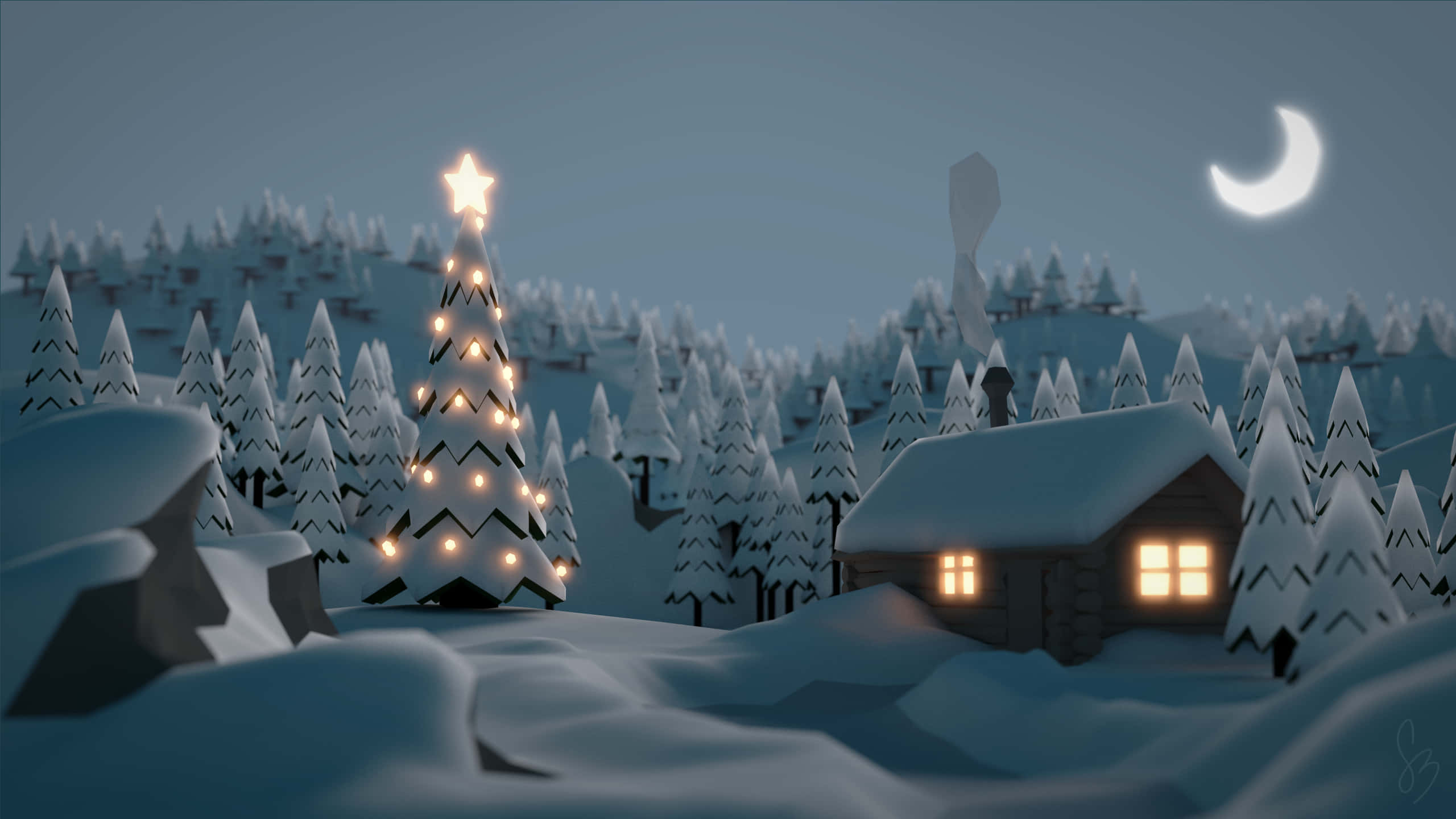 Simple Winter Christmas House And Tree