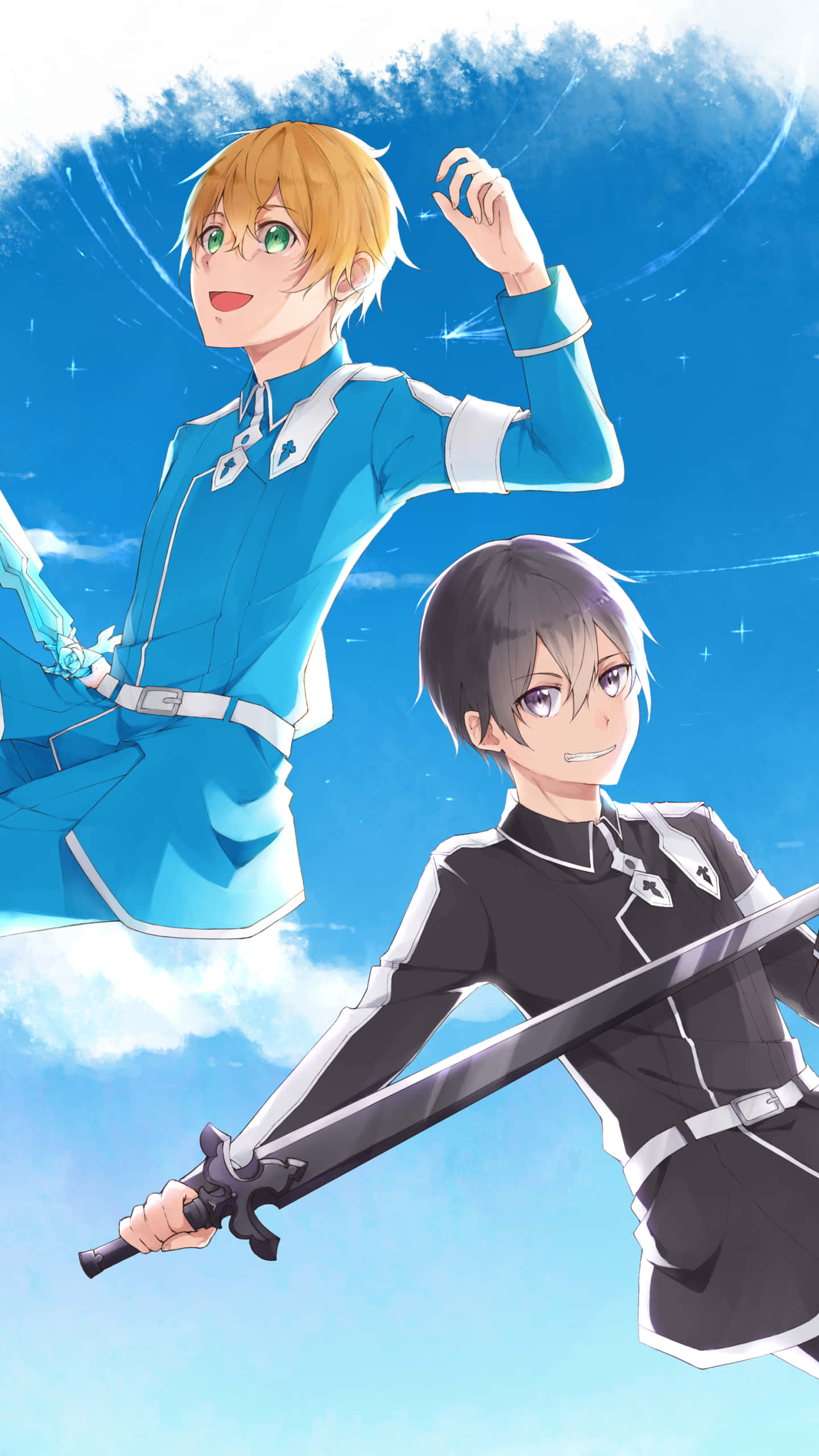 Two Anime Characters With Swords In The Sky