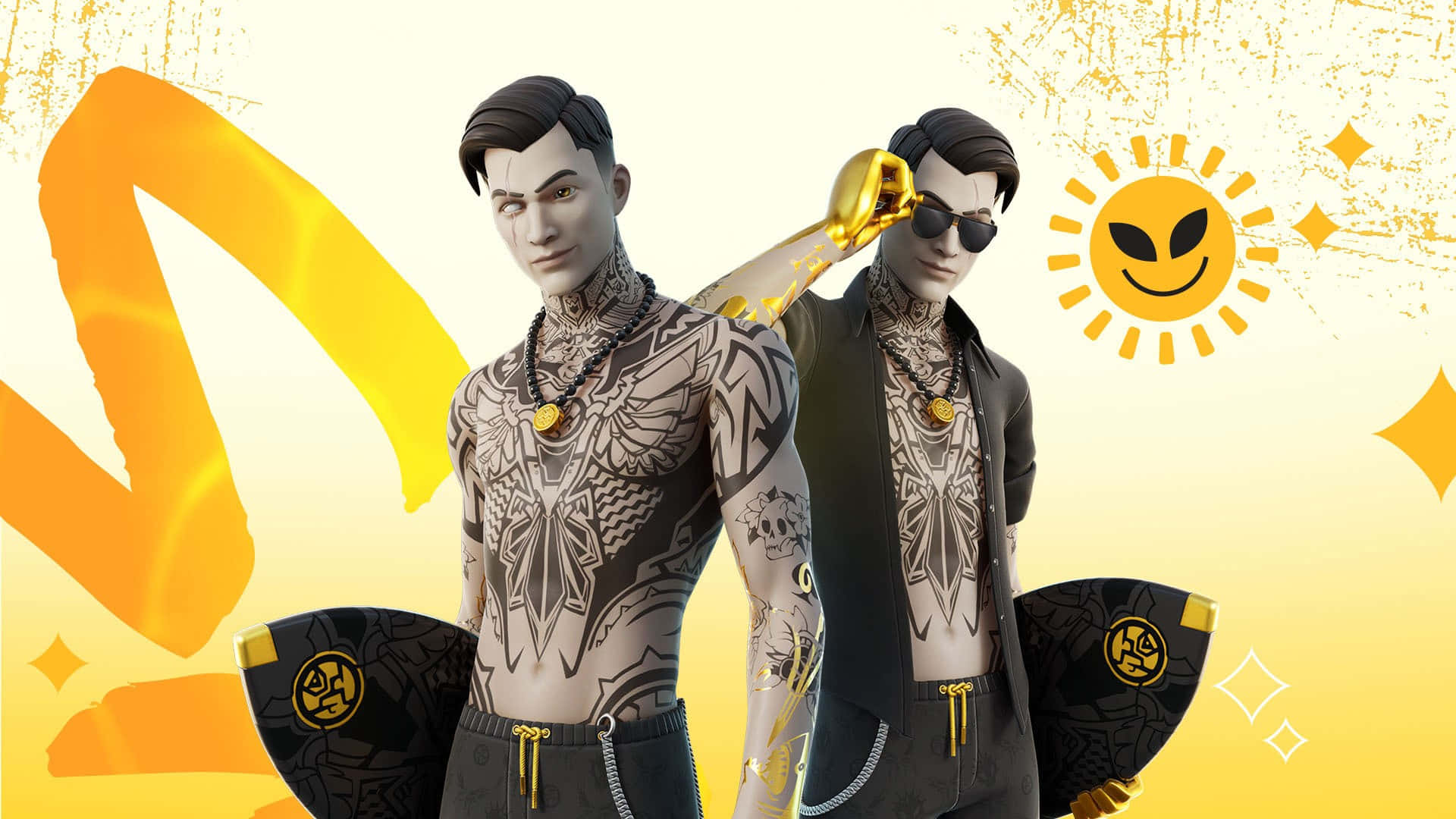 Two Men With Tattoos And Sunglasses Standing Next To Each Other