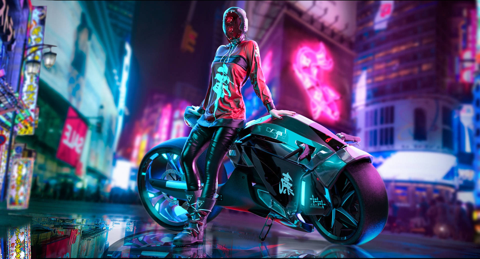 1920 X 1080 Gaming Cyberpunk Woman With Motorcycle Wallpaper