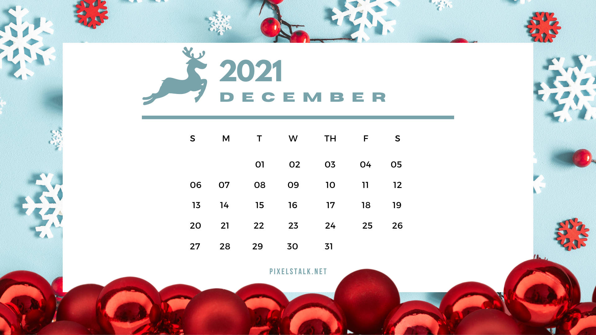 2021 December Calendar With Red Snowflakes And Snowflakes Wallpaper