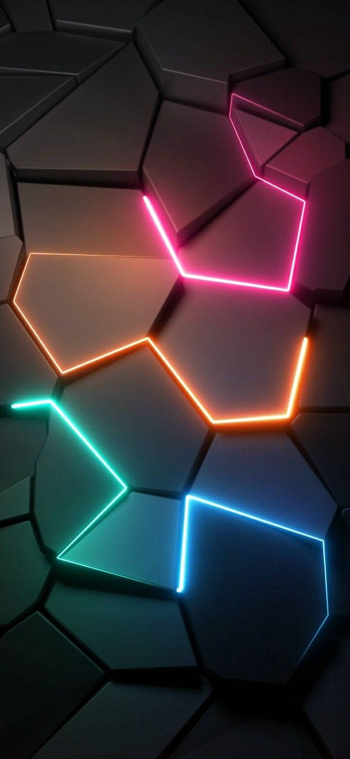 3d Phone Geometric Tiles Neon Lights Wallpaper