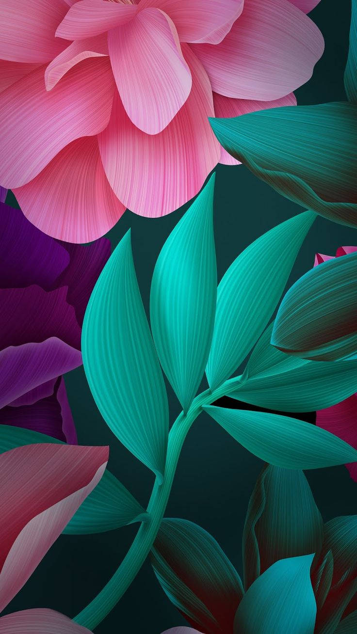 3d Phone Pink Petals And Green Leaves Wallpaper