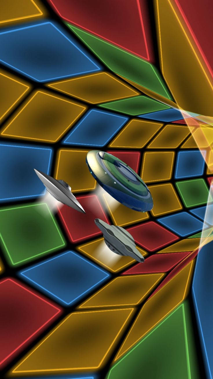 3d Phone Ufos In Colorful Tiles Tunnel Wallpaper