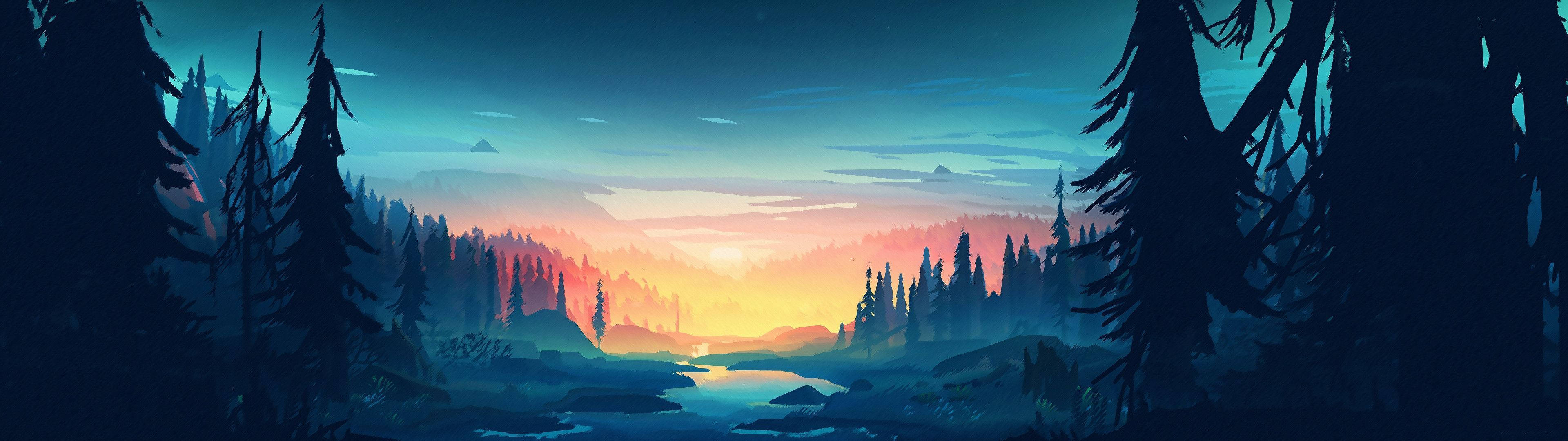 4k Dual Monitor Art Of Forest At Sunset Wallpaper