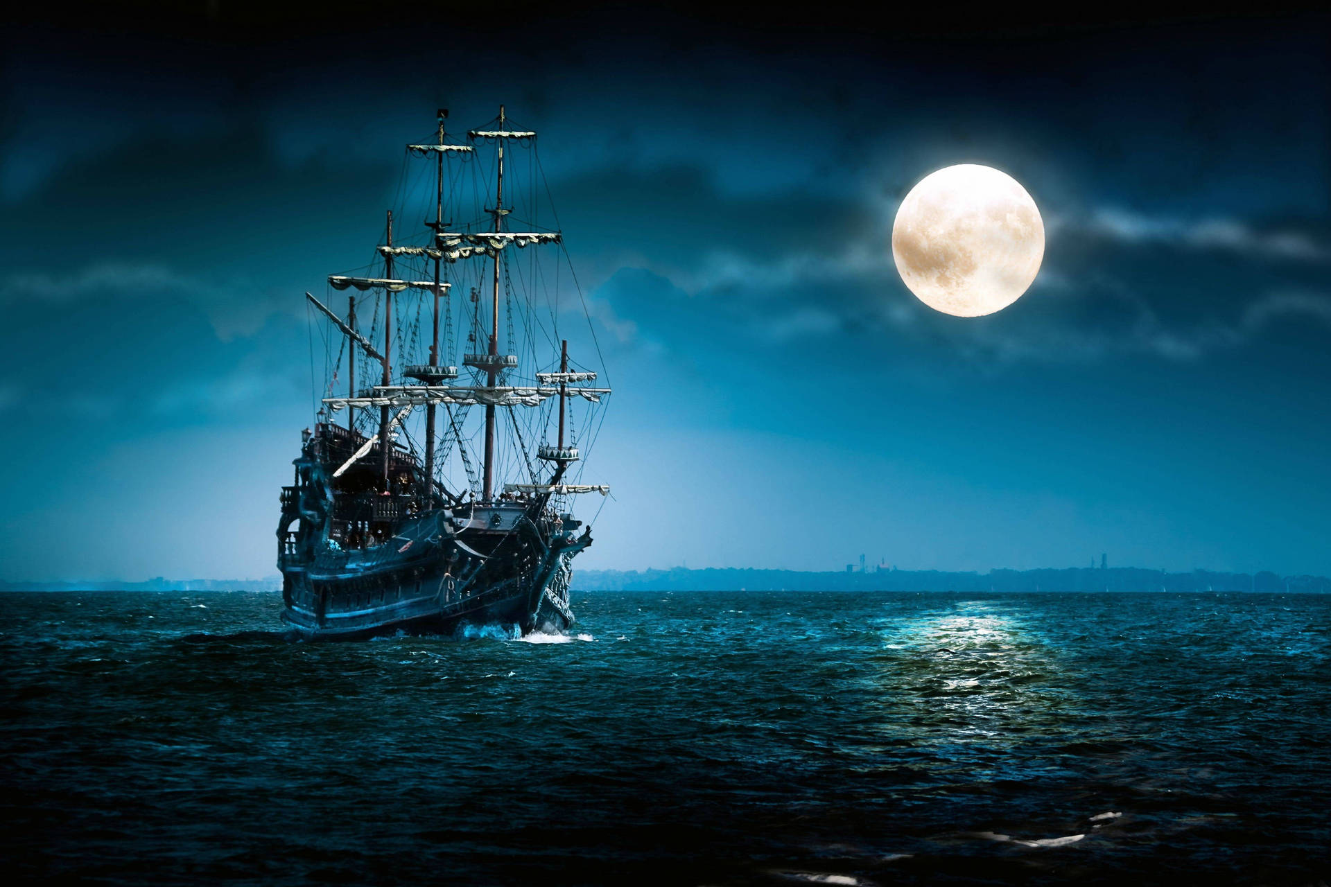 4k Pirate Ship And Full Moon Wallpaper