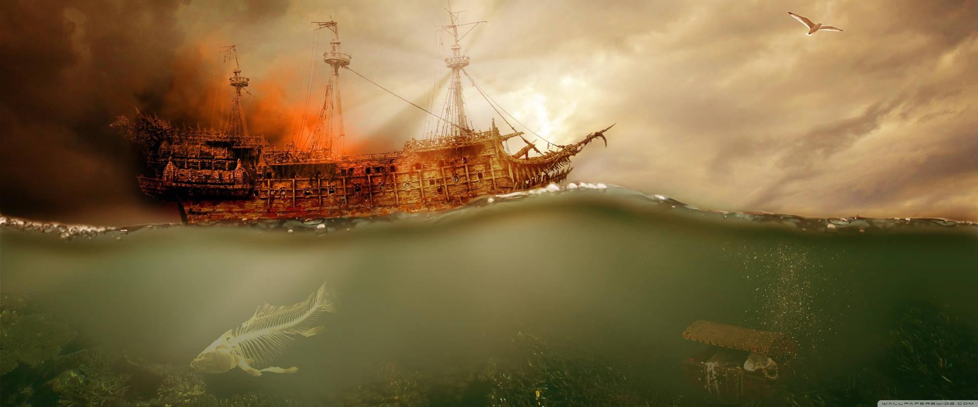 4k Pirate Ship On Fire Wallpaper