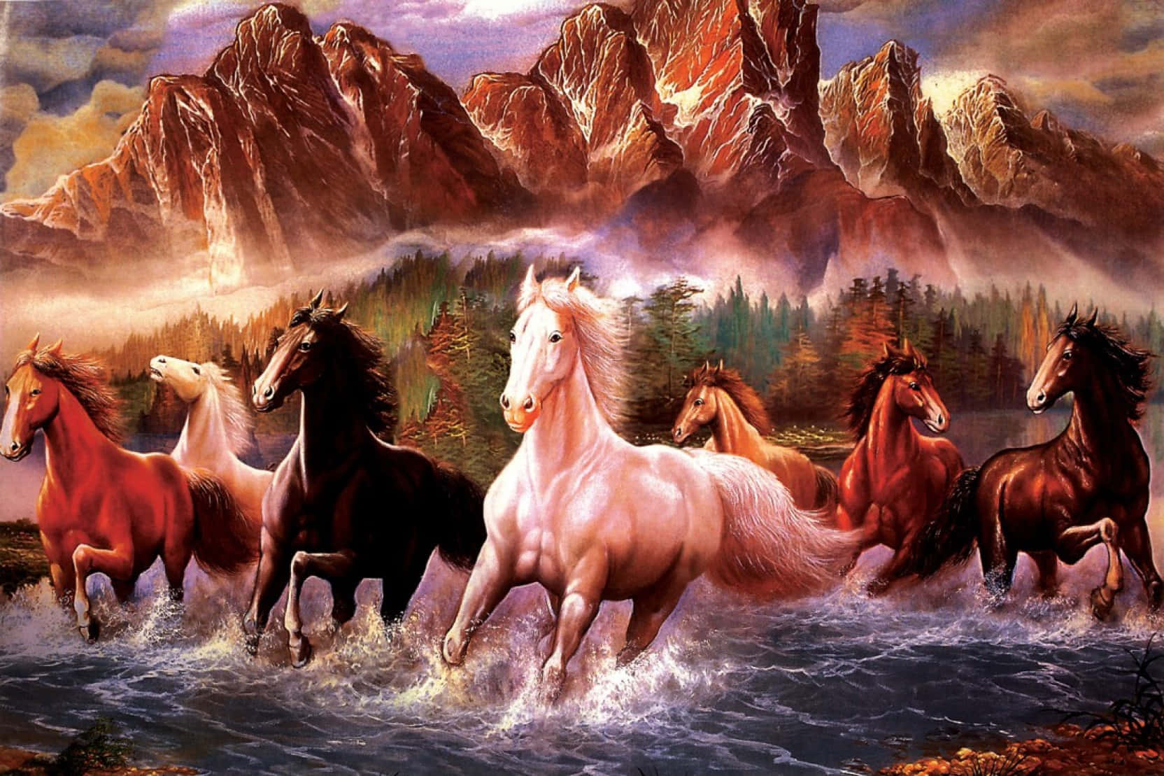 7 Horses With Mountain And Pine Trees Wallpaper