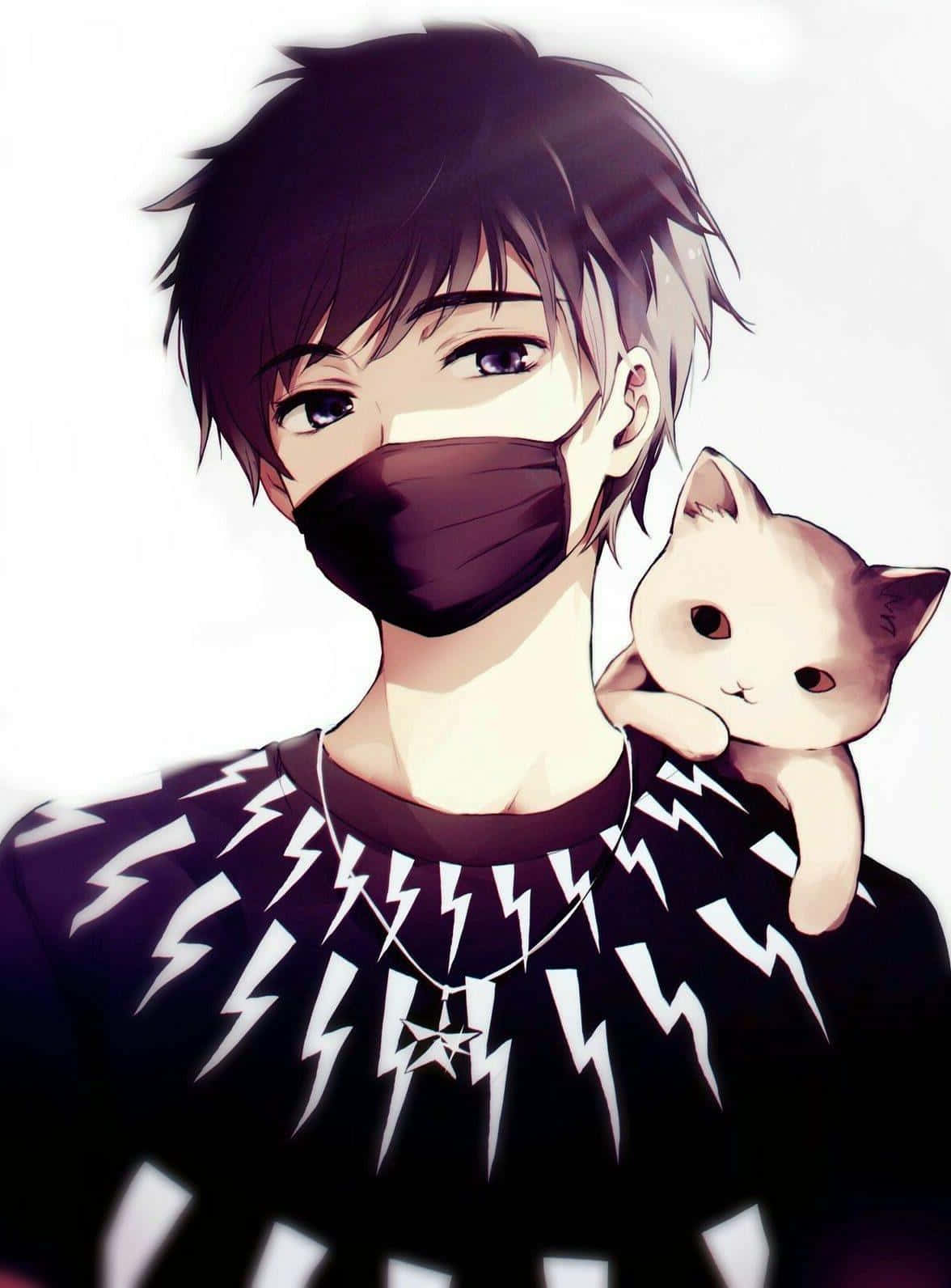 A Boy Wearing A Mask Holding A Cat Wallpaper