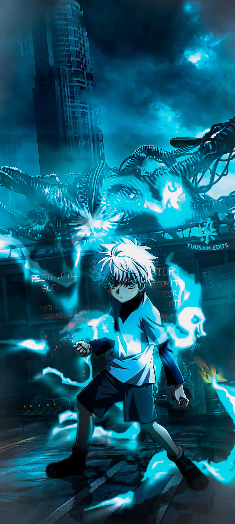 A Boy With Blue Hair And Blue Eyes Is Standing In Front Of A City Wallpaper