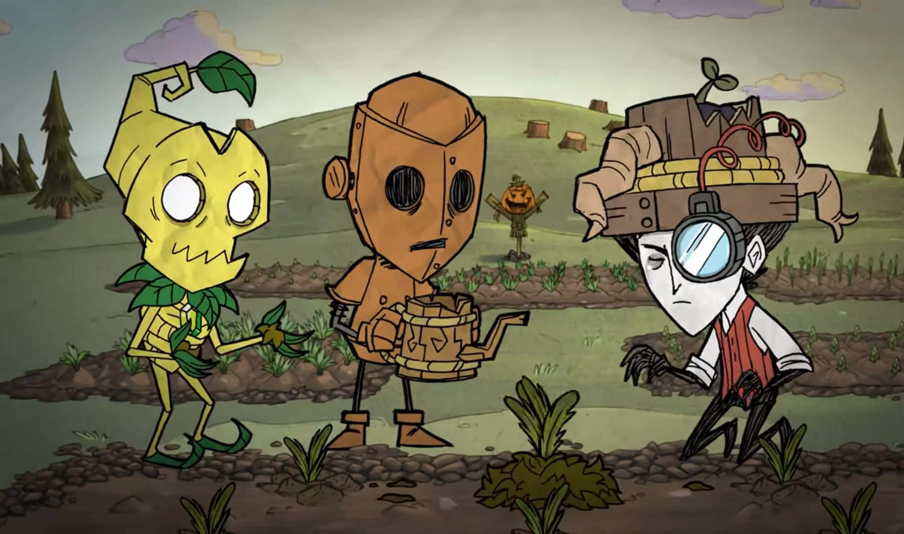 A Cartoon Character Is Standing In A Field With A Pumpkin Wallpaper