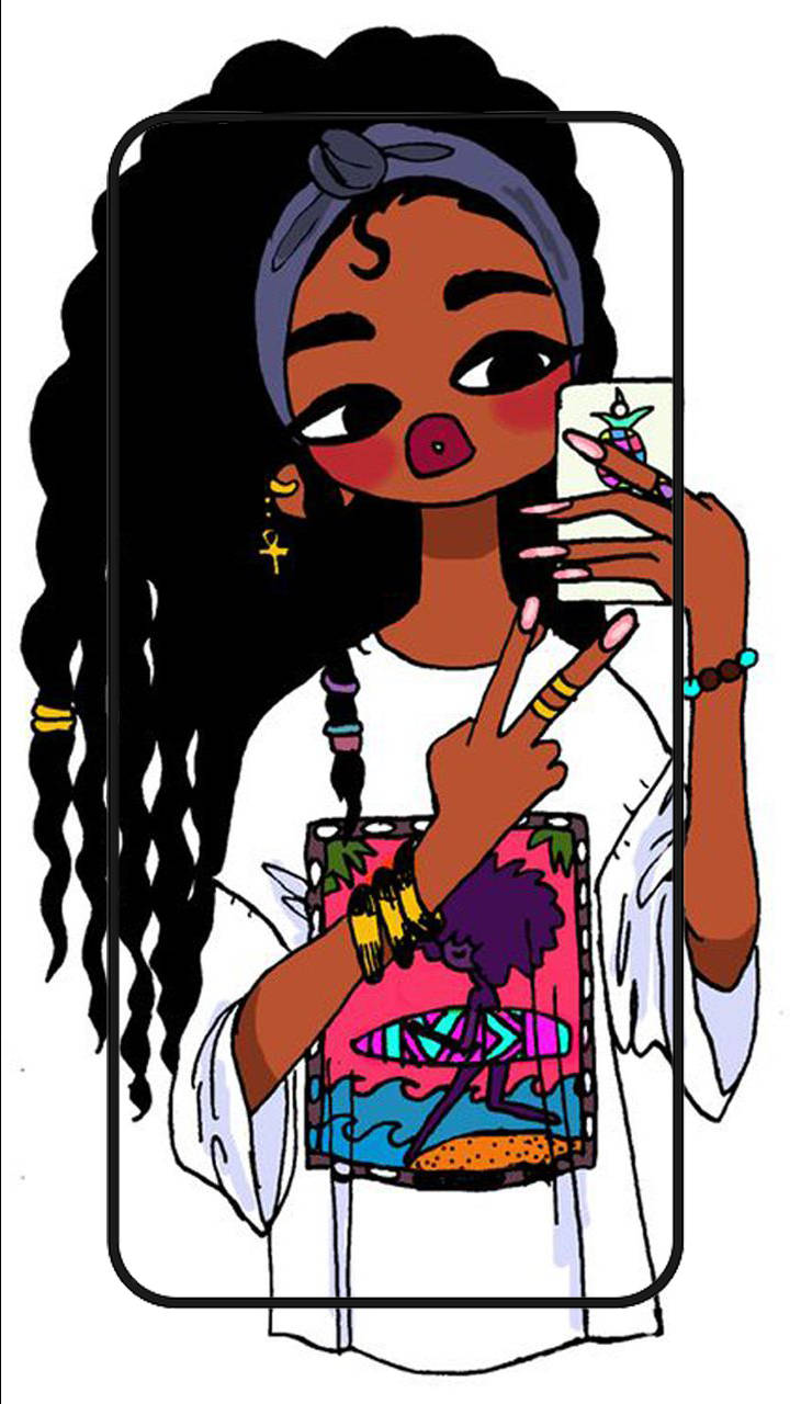 A Cartoon Girl With Long Hair Holding A Cell Phone Wallpaper