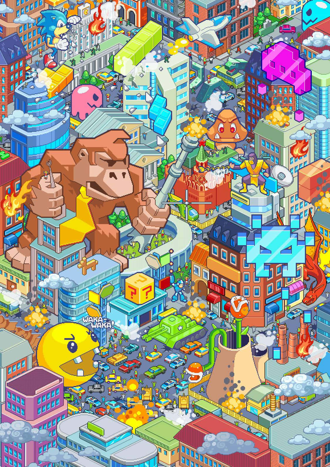 A Cartoon Illustration Of A City With Many Different Characters Wallpaper