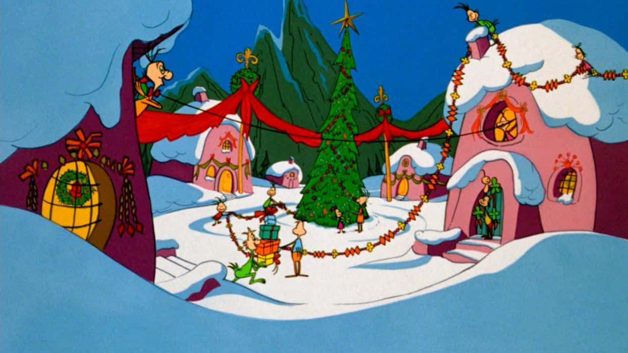 A Cartoon Scene With A Christmas Village Wallpaper