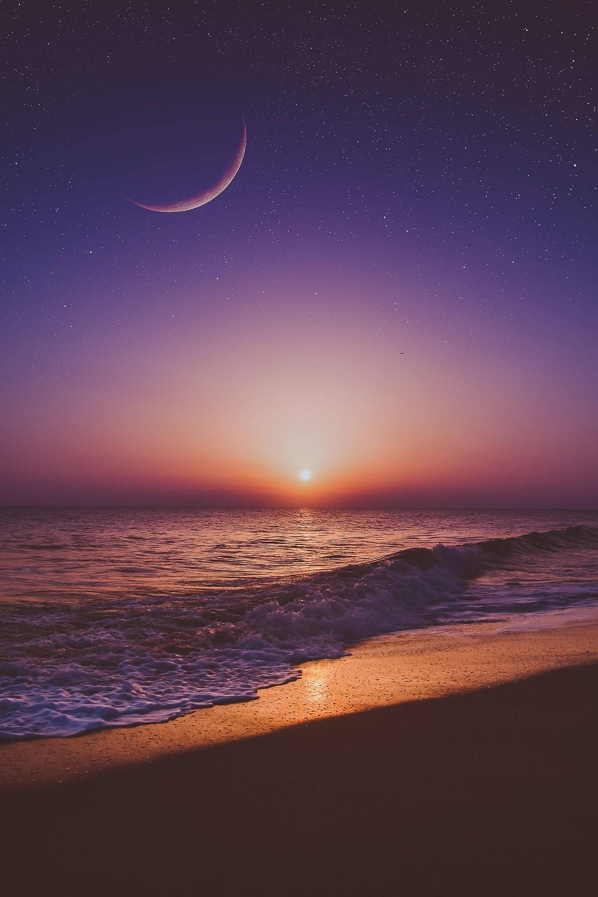 A Celestial Dance - The Sun And The Moon In A Purple Sky Wallpaper