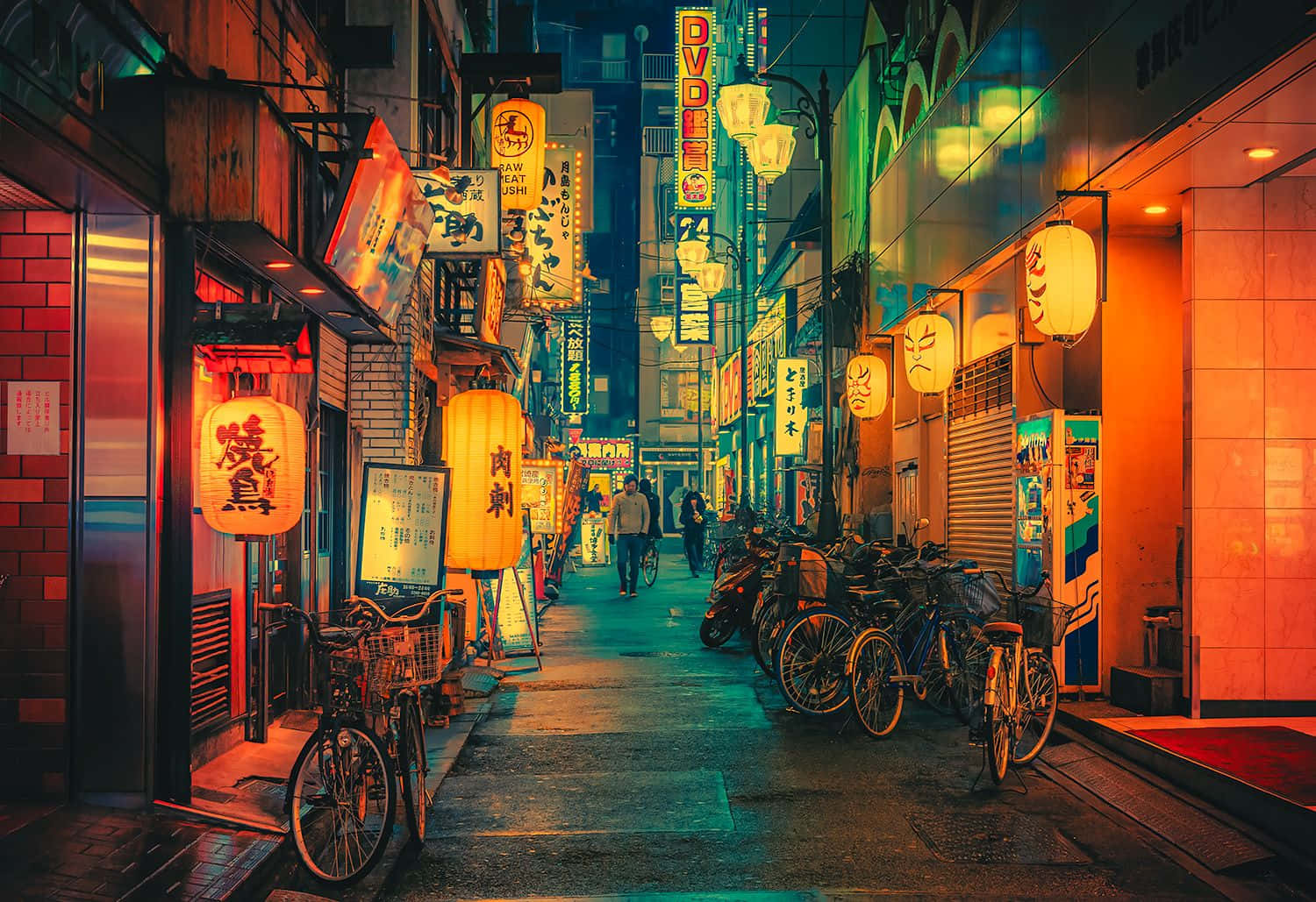 A City Street With Bicycles Parked In It Wallpaper